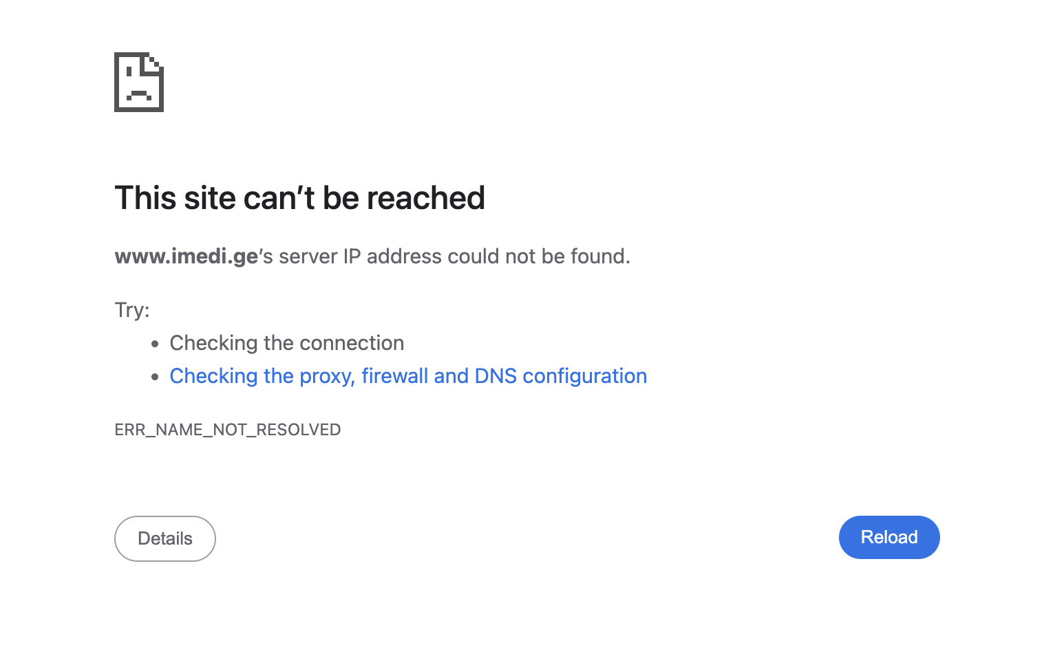 Screenshot showing www.imedi.ge is unreachable with ERR_NAME_NOT_RESOLVED error